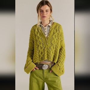 Free People Olive Green Cable Knit V-Neck Crop Sweater